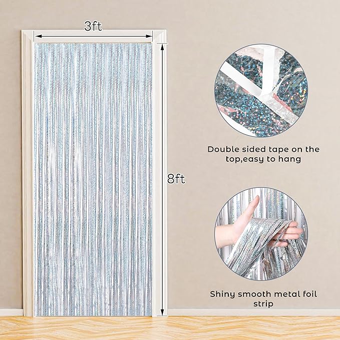 BTSD-home 4 Pack Laser Silver Foil Fringe Curtain Holographic, Metallic Photo Booth Tinsel Backdrop Door Curtains for Wedding Birthday Baby Shower Bachelorette Party Decorations(3ft x 8ft)