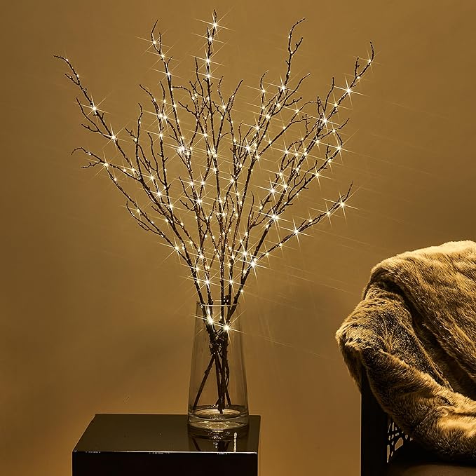 BAOLITVINE Lighted Branches Brown 32IN 200 Warm White Fairy Lights, Lighted Willow Branches with Timer, Dimmer for Home Bedroom Fireplace Christmas Decoration Inside Outdoor