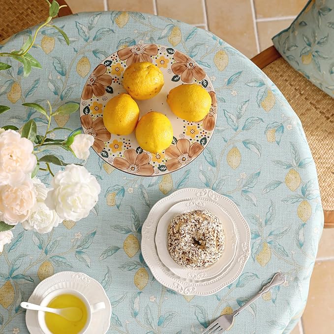 patdrea Designer Green Round Tablecloth,Vintage Linen Yellow Fruits Pattern Durable Table Cloth,Decor Table Cover Cloth for Kitchen Dining Christmas,Thanksgiving,Tea Party,Diameter 67"-Ania a