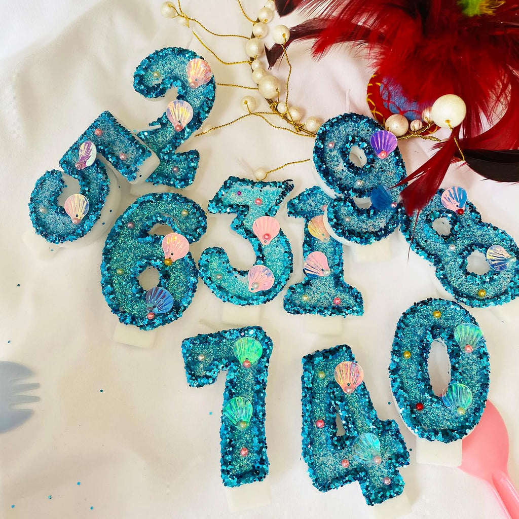Blue Number Candle,Shell Sequins Number Candles for Birthday Cakes Mermaid Themed Party Supplies Number 4 Candle