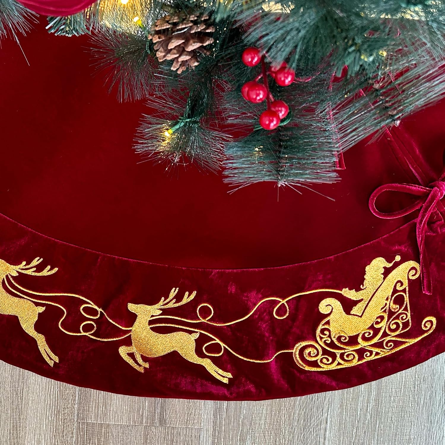 60-Inch Velvet Christmas Tree Skirt with Gold Reindeer and Santa’s Sleigh Embroidery, Lace Tie Closures, Wine