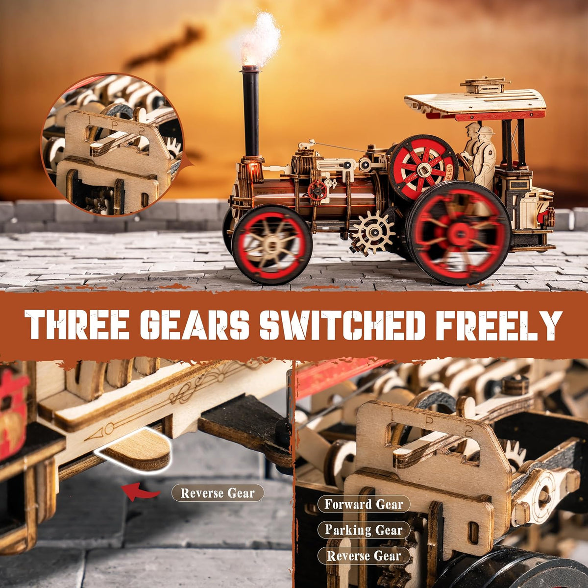 rowood 3d wooden puzzles for adults, steam engine, close-up detail