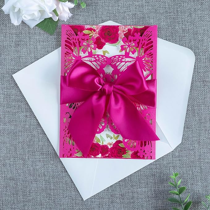20 PCS 5.12x7.2 Butterfly Quinceanera Invitation, Laser Cut Wedding Invitation Cards with Envelopes for XV Anos Bridal Shower Baby Shower Invite (Fuchsia)