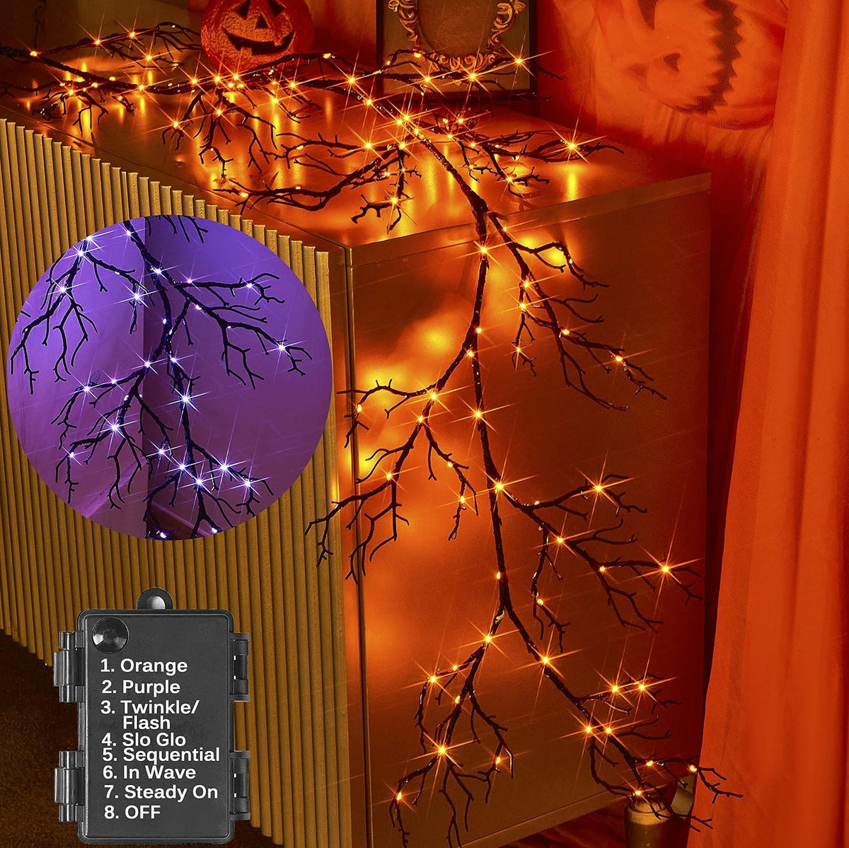 Hairui Halloween Garland with Lights 120 Orange and Purple Bi-Color Fairy Lig...