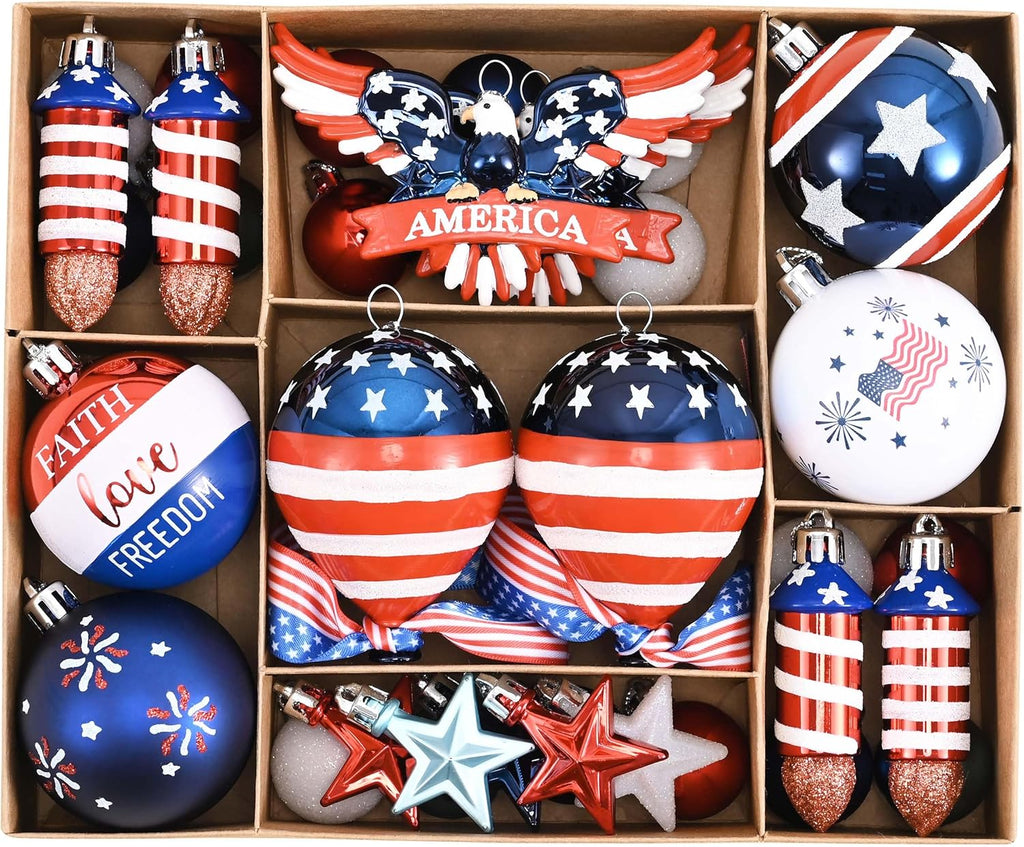 Valery Madelyn 4th of July Tree Decorations for Patriotic Memorial Day Eagle Ornaments, 35Pcs Red White Blue Shatterproof Americana Hanging Ball Decor for Independence Day USA 250th Anniversary