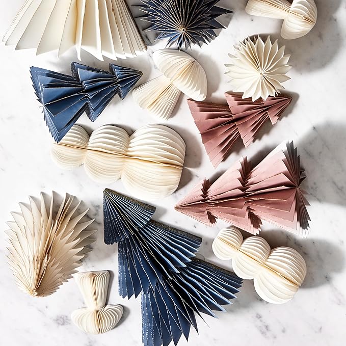 LampLust Winter Ornaments, 2 Pack Dusty Blue Honeycomb Paper Trees, 10 & 12 in, Blue Winter Wonderland Table Centerpieces Decorations for Home Mantel Decor