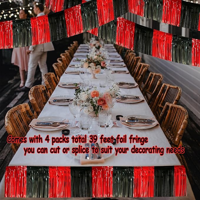 4 Pack 10 Feet Black Red Parade Floats Foil Fringe Garland Metallic Tinsel Streamers Banner Fringe Curtain Banner for Halloween Graduation Homecoming Birthday Party Decorations (Black, Red)