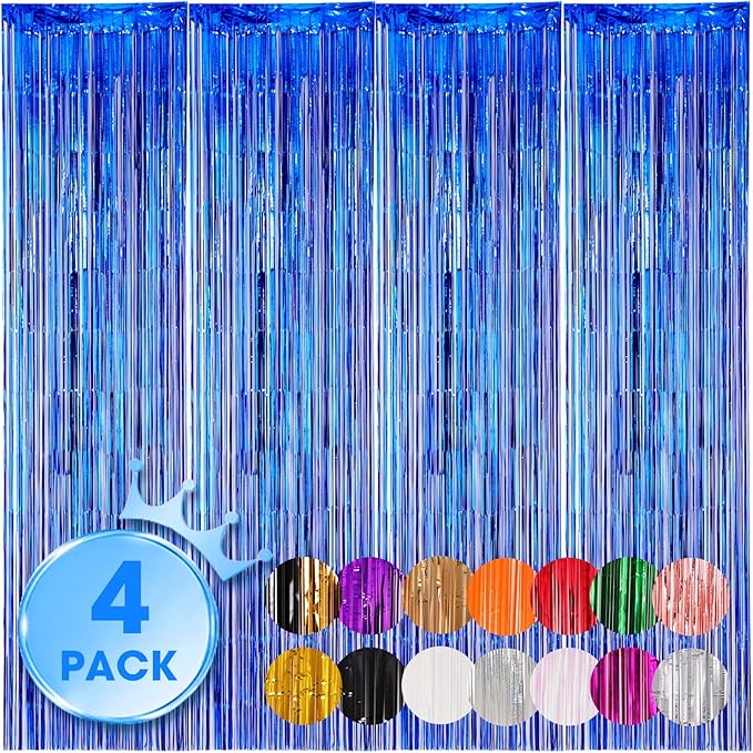 4 Pack Blue Foil Fringe Backdrop Curtains, Tinsel Streamers Birthday Party Decorations, Fringe Backdrop for Graduation, Baby Shower, Gender Reveal, Disco Party