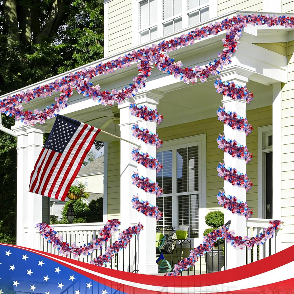 50FT Fourth of July Decorations Red White Blue Star American Flag Tinsel Garland, Glitter Patriotic Garland for Independence Day Memorial Day Decor Indoor Outdoor Patriotic Decor Party Home Classroom