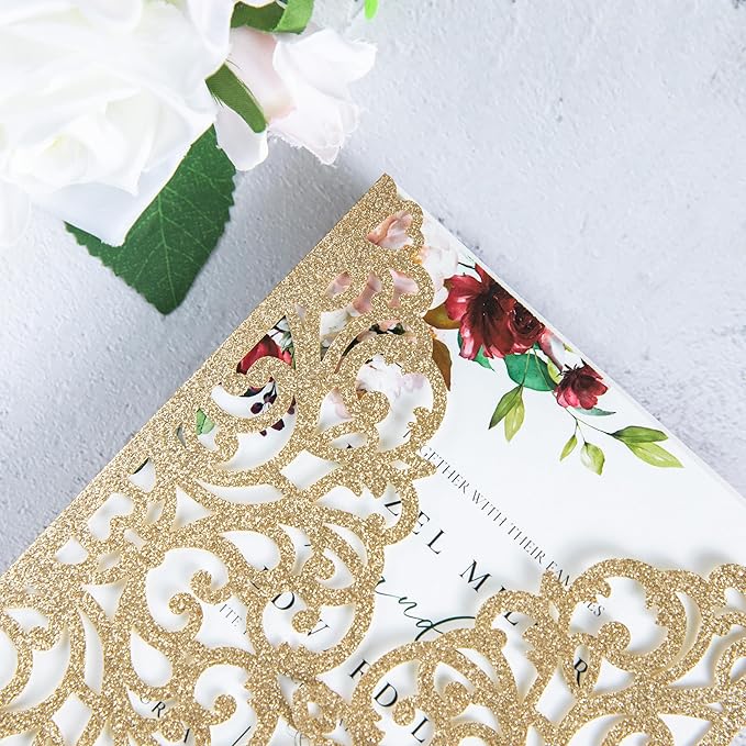 20Pcs Gold Glitter Laser Cut Invitation Cards With Blank Inner Sheets for Wedding Cards Bridal Shower Engagement Quinceanera Invitation (No Envelopes)