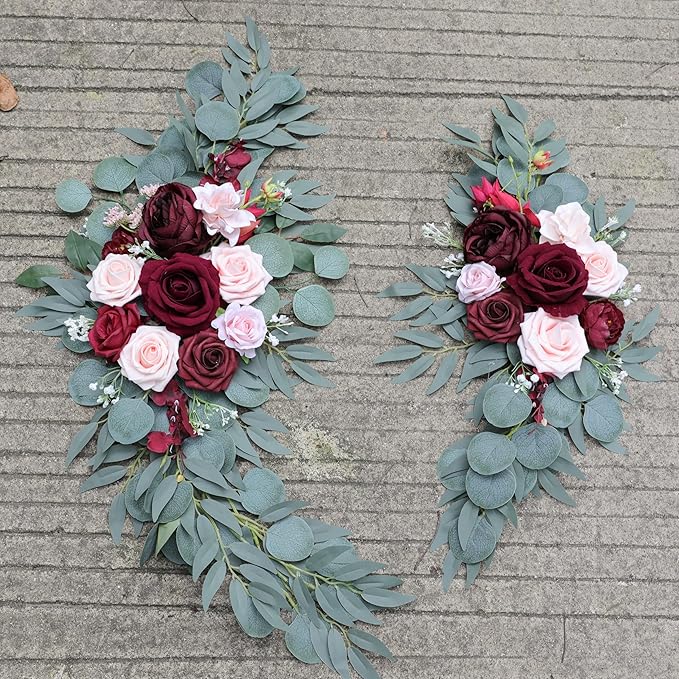 ponatia Wedding Arch Flowers (Pack of 2), Artificial Burgundy Wedding Flowers for Wedding Welcome Signs Decorations and Arch Flower for Wedding Ceremony Reception (Burgundy & Blush)
