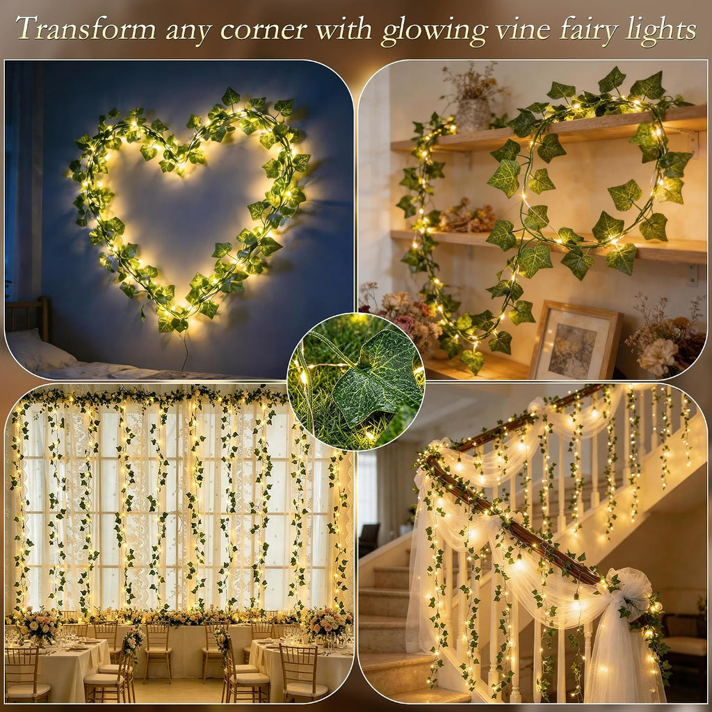 Ivy Vines with Fairy Lights, 200 LED Vine Lights with Remote and 8 Lighting Modes, Ivy Curtain Lights for Bedroom Wall Wedding Party Garden Decor, 6.6ft x 6.6ft