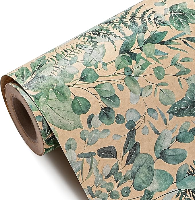 WRAPAHOLIC Kraft Eucalyptus Leaves Wrapping Paper Roll - Mini Roll - 17 Inch x 16.5 Feet - Greenery Wrapping Paper Perfect for Birthday, Wedding, Bridal Shower
