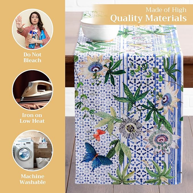 Maison d' Hermine Table Runner 100% Cotton Single Layer Table Runners 108 inches Long Decorative for Home Kitchen Dining Party Wedding Bridal Shower Spring Summer (Passiflora, 14.50" x 108")