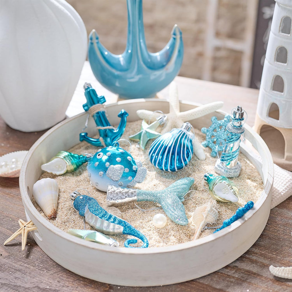 Valery Madelyn 12ct Summer Tree Ornaments Christmas in July Decorations | Teal Aqua Light Blue Silver Shatterproof Beach Coastal Ocean Themed Nautical Marine Seahorse Hanging Balls for Tropical Party