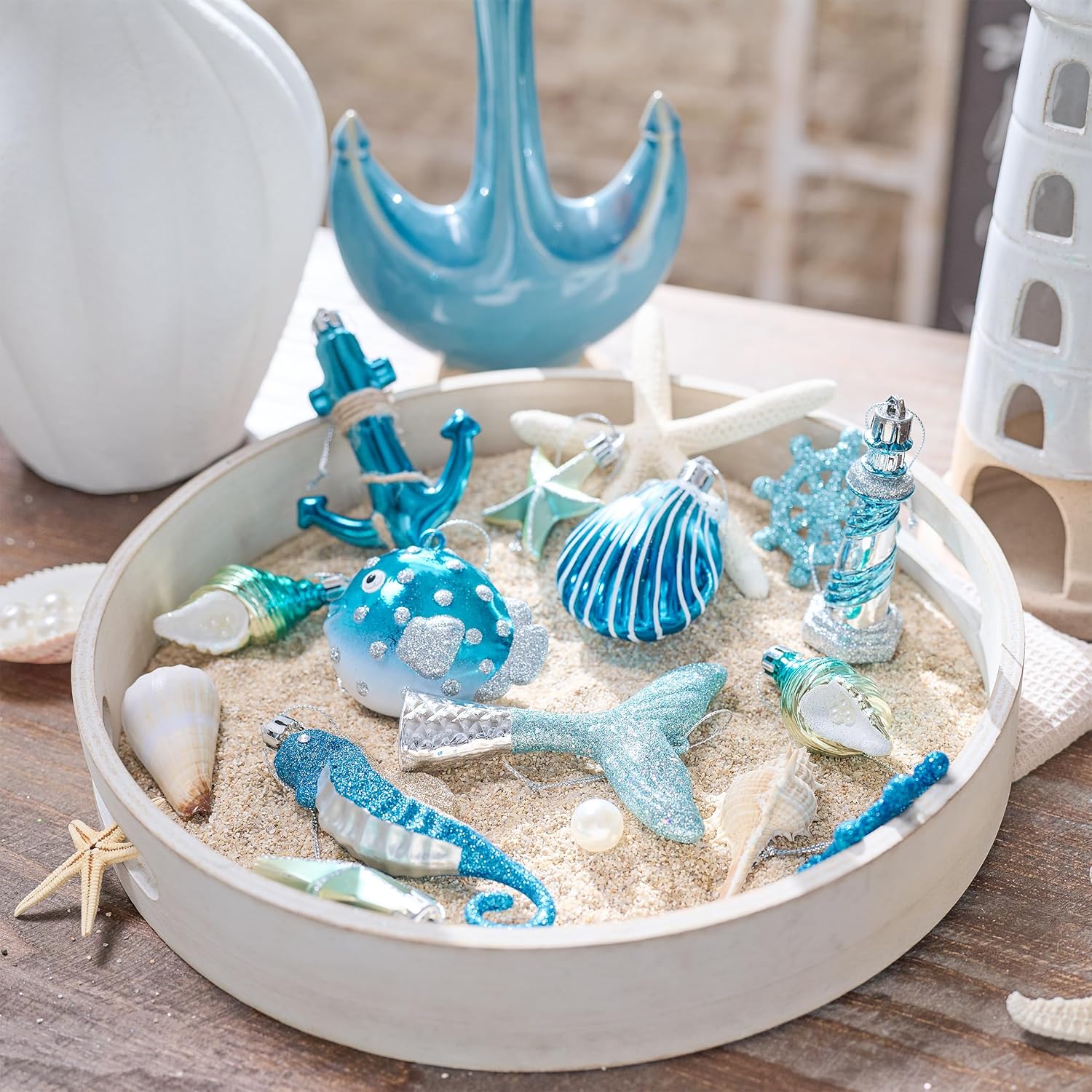 Valery Madelyn 12ct Summer Tree Ornaments Christmas in July Decorations | Teal Aqua Light Blue Silver Shatterproof Beach Coastal Ocean Themed Nautical Marine Seahorse Hanging Balls for Tropical Party