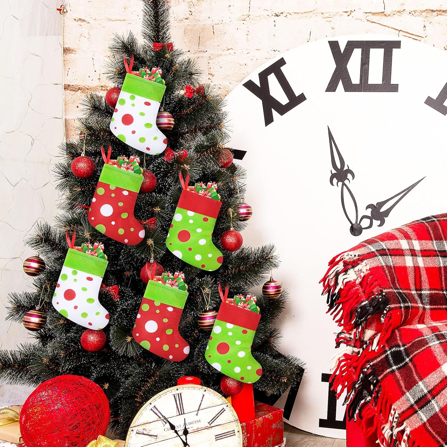 Realspring 24 Pcs Mini Christmas Stockings 6 Inches Red and Lime Green Small Stockings Christmas Dot Fireplace Hanging Decorations for Xmas Tree Fireplace Gift Present Filled
