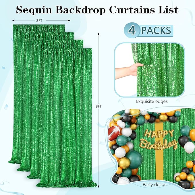 Green Sequin Backdrop 4 Panels 2FTx8FT Wedding Photo Backdrop Glitter Birthday Party Decorations Sparkle Background Drapes