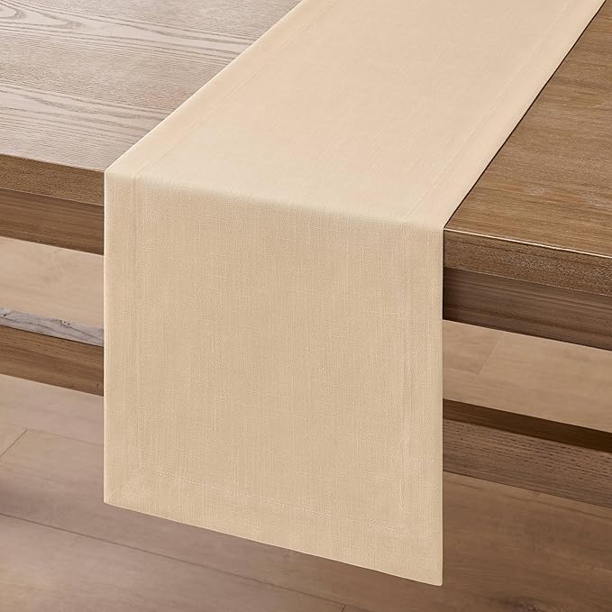 ZeeMart Linen Textured Border Table Runner, 14 x 60 Inch Oatmeal, Farmhouse Style Beige Table Runners 60 Inches Long, Easy Care Everyday Polyester Table Runner