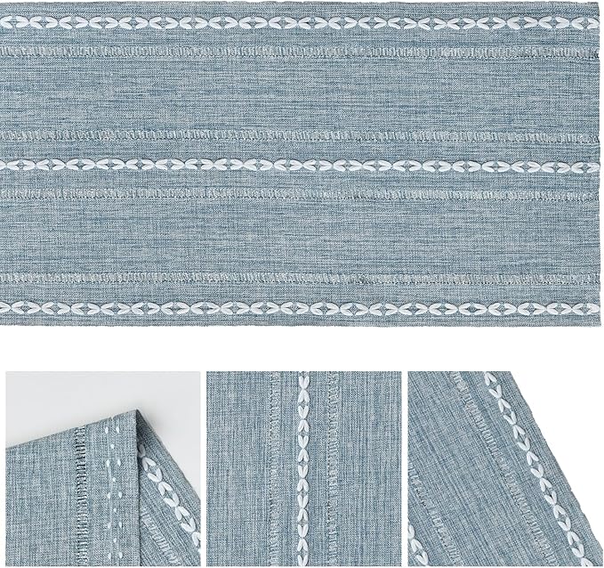 Artoid Mode Dusty Blue Cotton Linen Table Runner, Seasonal Rustic Embroidered Hollow Kitchen Dining Table Decoration for Home Party Decor 13x108 Inch