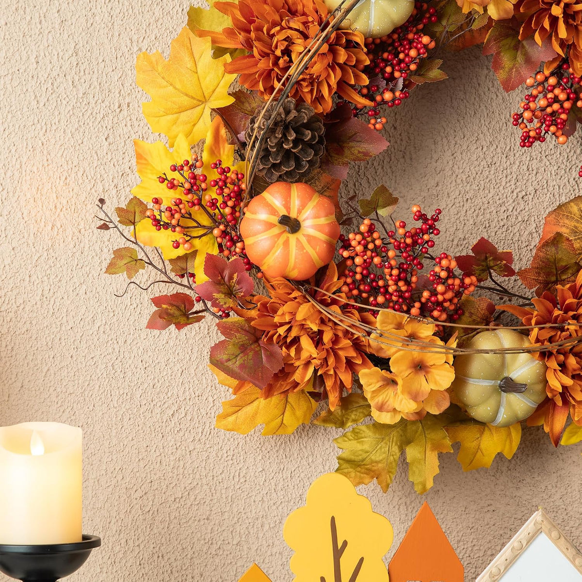 glitzhome 24 inch artificial fall wreath decor, autumn, package contents