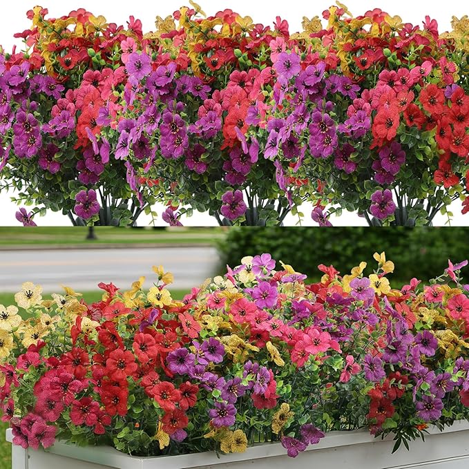 Artificial Flowers for Outdoors 12 Bundles, UV Resistant Colorful Fake Silk Flower Outdoor Planter Garden Decor Indoor Decorations
