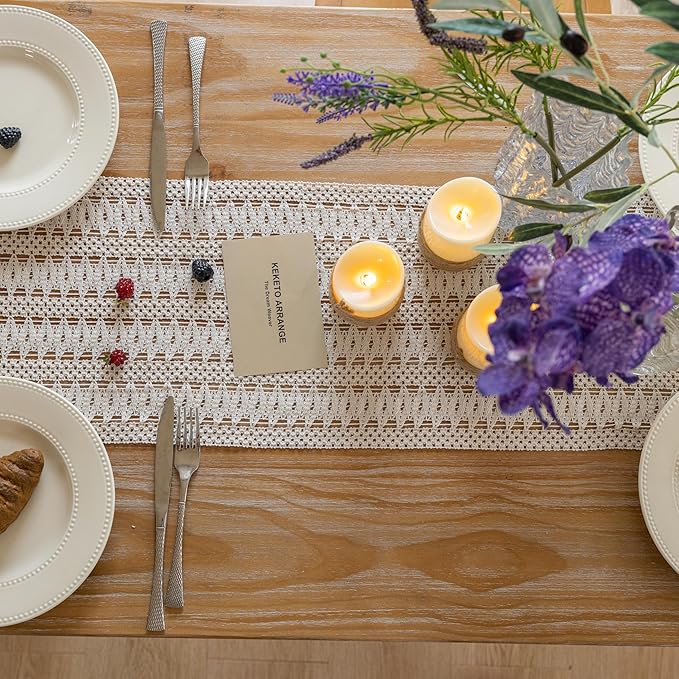 Boho Table Runner White for Home Decor 12x48 Inches Farmhouse Macrame Burlap Jute Rustic Dining Kitchen Centerpiece Bohemian Decor French Country Baby Bridal Shower Decorations