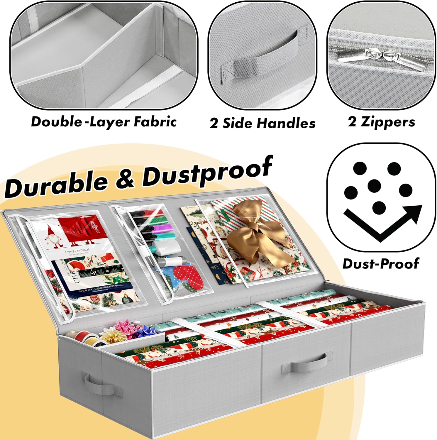 Simple Houseware 41.5" Wrapping Paper Storage Organizer - Fits 40 Rolls with Adjustable Straps, Interior Divider for Ribbons & Bows, 3 Clear Pockets for Gift Bags & Tools, 41.5''L x 16''W, Gray