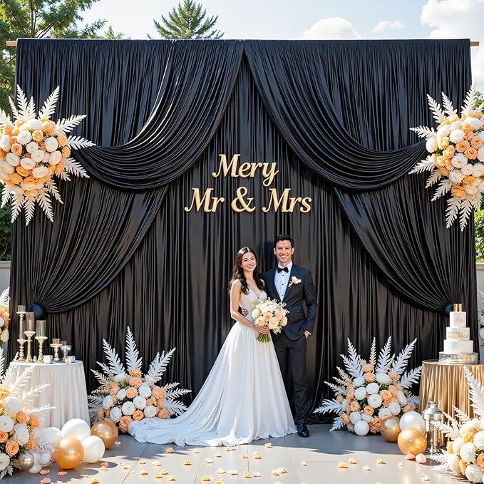 10x10 ft Black Glitter Backdrop Curtain for Parties, Wrinkle Free Satin Photo Backdrop Drapes 2 Panels 5x10FT Shimmer Back Drop Cloth for Wedding Birthday Halloween Photography Background Decor