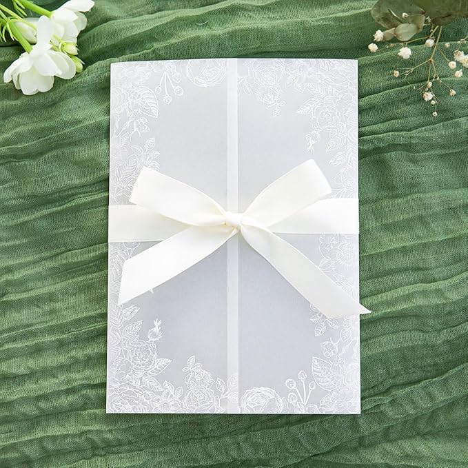 PONATIA 50PCS White Vellum Jackets for 5x7 Invitation Cards- 135GSM White Foil Print Flowers Sleeves, Vellum Paper 5x7 Wraps - Transparent Christmas Gift Cards Jackets