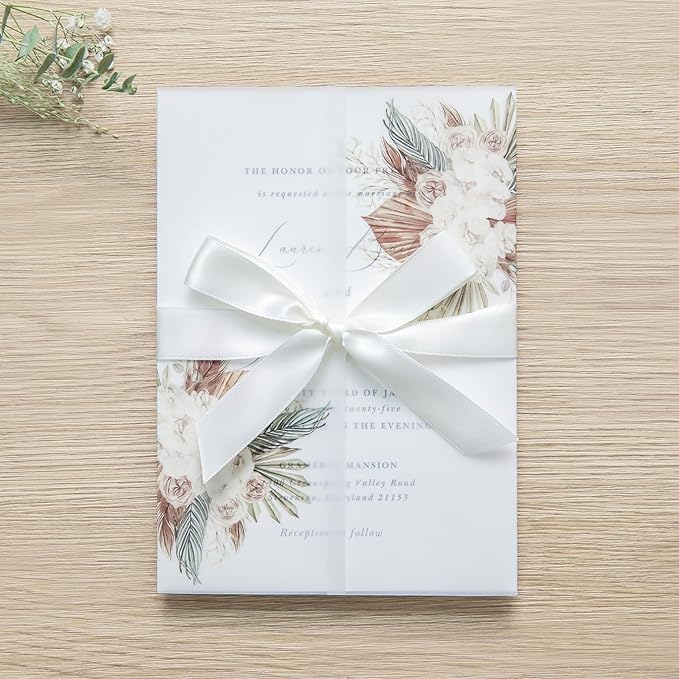 PONATIA 50PCS Vellum Jackets for 5x7 Invitation Cards- 135GSM Boho Flowers Vellum Sleeves Paper - Wedding Invitations Wraps - Transparent Card Jacket