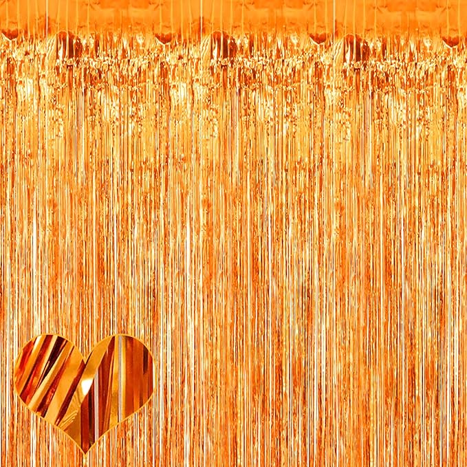 4 Pack Orange Fringe Curtain Backdrop, 3.2Ft x 6.6Ft Metallic Tinsel Foil Fringe Streamers Background for Photo Booth Birthday Wedding Baby Shower Carnival Easter Mother’s Day Party Decorations