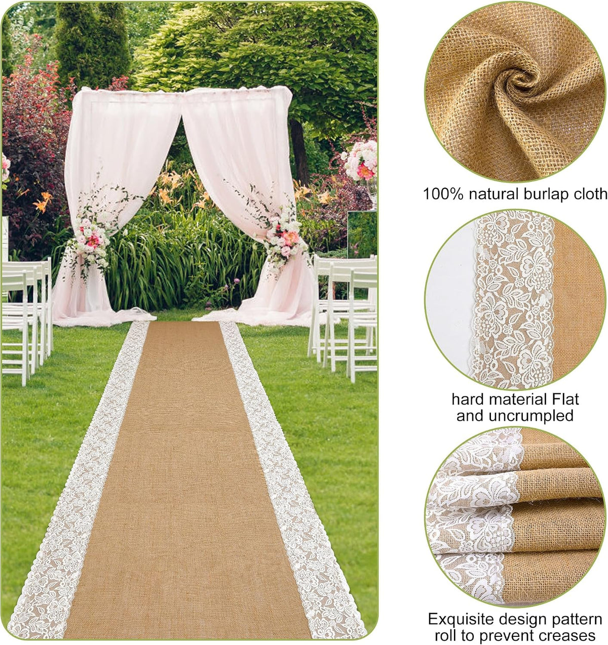 20Ftx36 in Natural Burlap Wedding Aisle Runner, Jute Weddings Runway Carpet