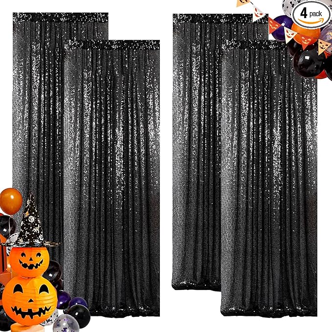 ShinyBeauty Black Sequin Curtains 2FTx8FT 4 Panels | Sparkly Photo Backdrop for Birthday, Halloween, Events | Elegant Glitter Background for Photography