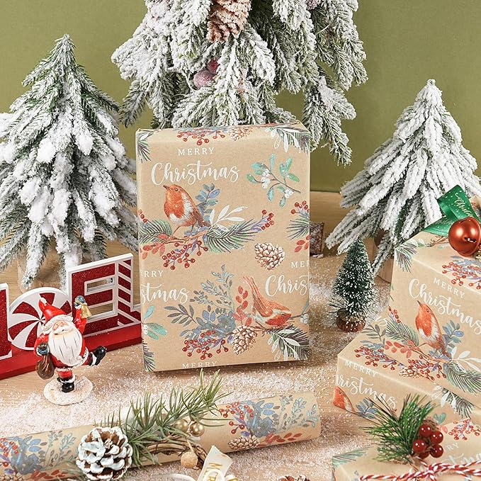 RUSPEPA Kraft Christmas Wrapping Paper Roll, Mini Roll, Vintage Bird on Pine Branch Design with Merry Christmas, Natural Scene Gift Wrap for Women, Friends, Family, Xmas Gifts, 17 Inches x 16.4 Feet