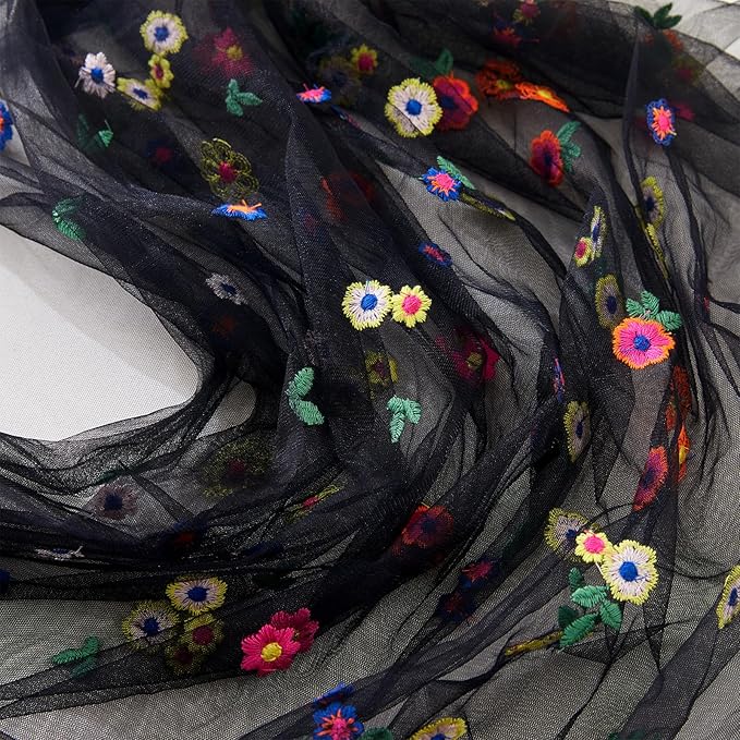 JIALE Black Floral Table Runner, Embroidery Daisy Seasonal Table Decorations, 120Inch 10FT Tulle Fabric for Home Decor, Bridal Shower Wedding, Baby Shower Parties, DIY Craft