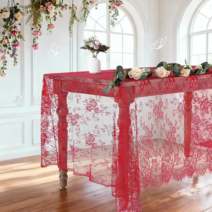 LuoluoHouse Christmas Lace Tablecloth 6pcs Rose Floral Table Fabric 60x120 Inch for Rustic Theme Party Wedding Decoration Rectangle Overlay Long Embroidered Reception Table Cloth Decor