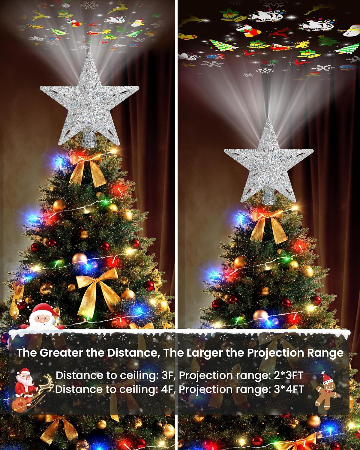 Winpull Christmas Tree Topper Star Lighted with 32.8ft Breathing Flickering Light Cord & 6 LED Projection Modes, Silver Christmas Star Topper for Indoor Xmas Holiday Tree Decoration
