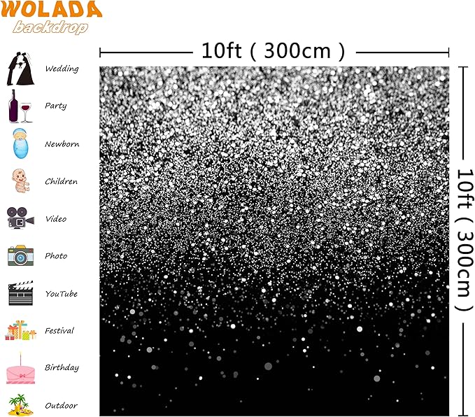 WOLADA Black and Silver Backdrop Silver Glitter Backdrop for Photography Wedding Birthday Baby Shower Party Photo Studio 10x10FT FW18
