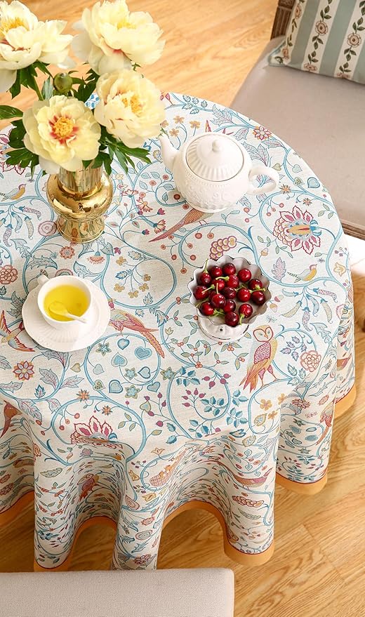 patdrea Designer Vintage Tablecloth for Round Table,Yellow Linen Floral Birds Tablecloths,Decorative Table Cover for Kitchen Dining Holiday Banquet,Christmas,Thanksgiving,Diameter 55"-Magnolia