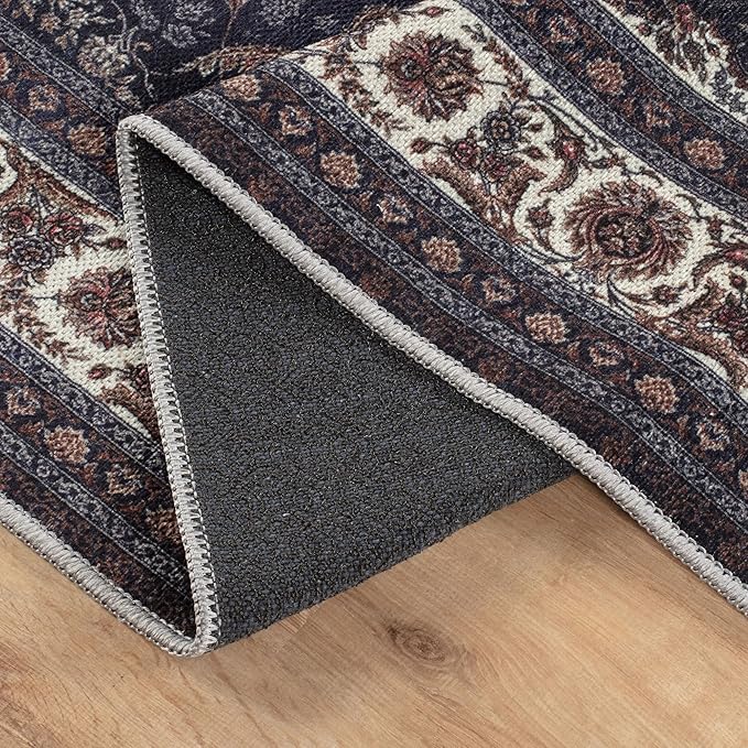 Bloom Rugs Washable Non-Slip 12 ft Runner - Navy Traditional Medallion Runner for Entryway, Hallway, Bathroom, and Kitchen - Exact Size: 2.5' x 12'