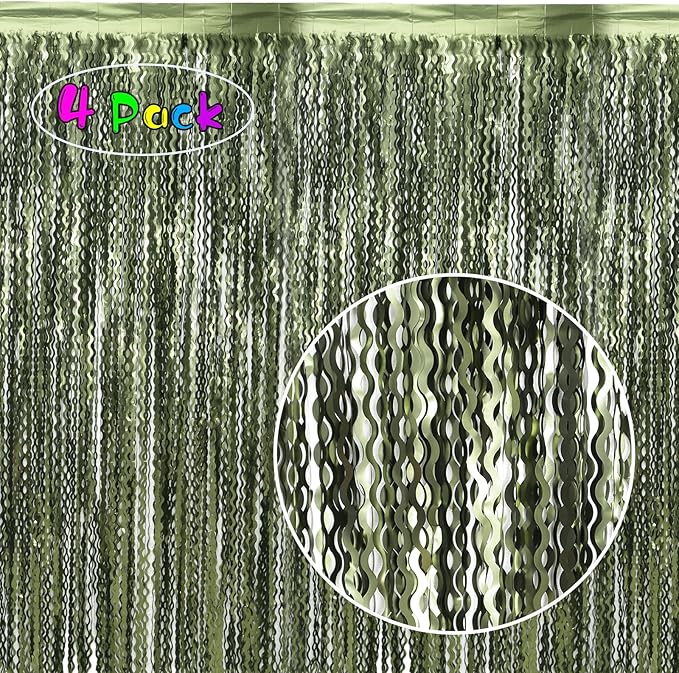 4 Pack Wavy Olive Green Streamers Backdrop Jungle Party Decorations - 3.3x6.6ft Foil Fringe Curtains Photo Booth for Dinosaur Animal St Patrick's Day Football Decor