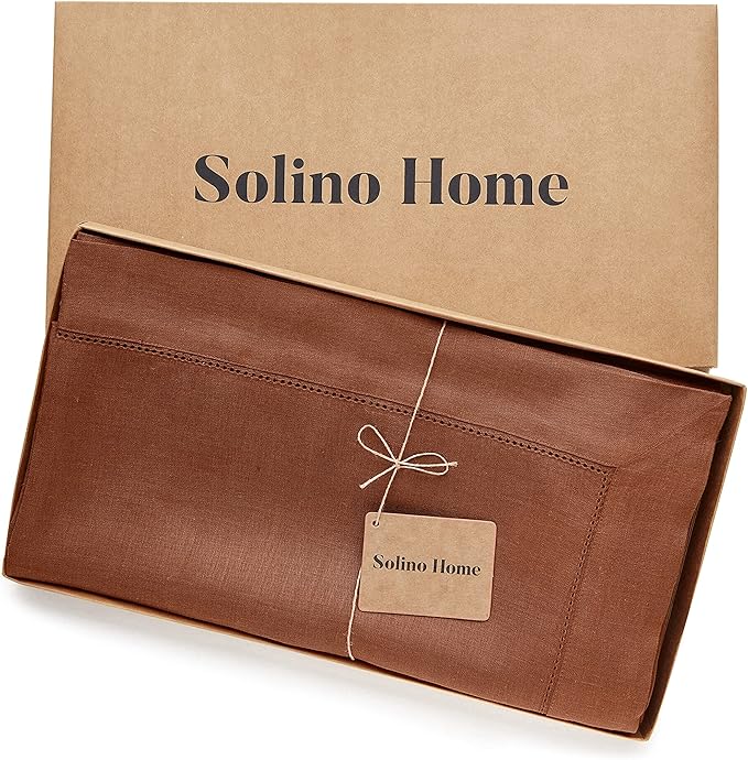 Solino Home Linen Cinnamon Tablecloth 60 x 144 Inch - Classic Hemstitch, 100% Pure Linen Rectangular Tablecloth - Machine Washable Table Cloth for Fall, Autumn, Halloween, Thanksgiving