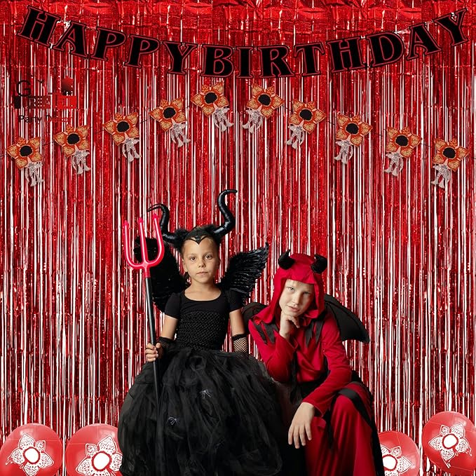 GREATRIL Red Fringe Curtains Party Streamers Backdrop Foil Tinsel Curtain Decoration for Stranger Theme Party Christmas Valentines Day Party 2 Pack