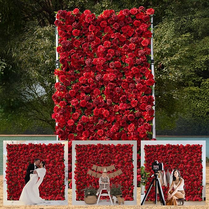 Artificial Flower Wall Panels, Luxury 5D Silk Red Rose Backdrop Decor for Wedding Celebrations, Festive Party and Home Decorating, Quick Assembly and Storage, both Eco ＆ Pet Friendly, 4ft*8ft.