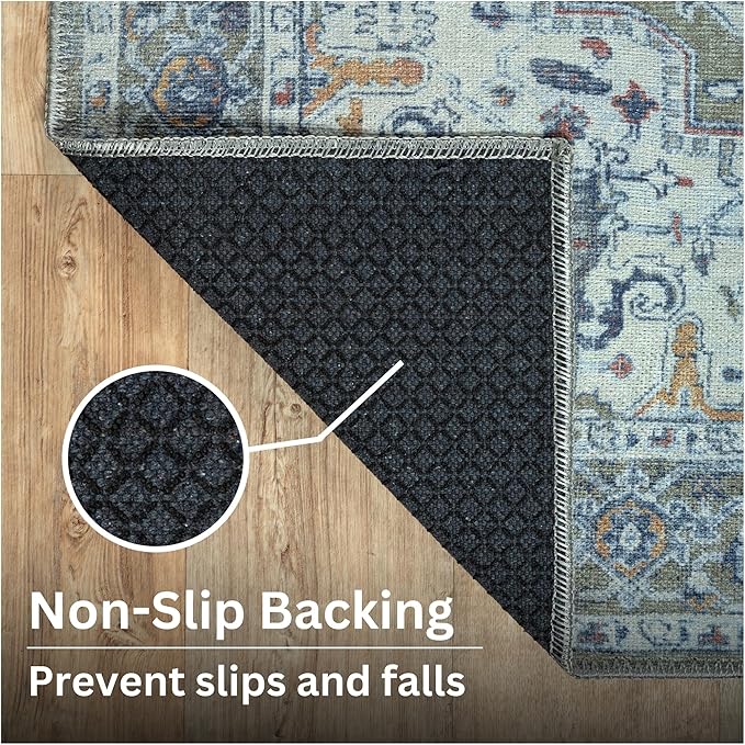 Bloom Rugs Washable Non-Slip 12 ft Runner - Green/Blue Traditional Medallion Runner for Entryway, Hallway, Bathroom, and Kitchen - Exact Size: 2.5' x 12'