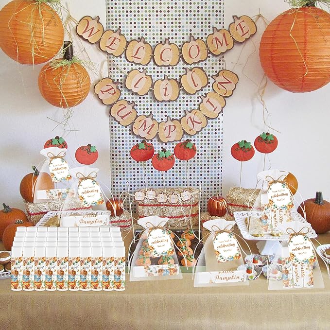 50 PCS Baby Shower Lip Balms for Guests, Boys Girls Neutral Gender Reveal Baby Shower Party Favors with Thank You Card Tags Thanksgiving Decorations Pumpkin Flower