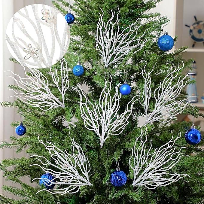 8 Pcs White Coastal Ornaments for Christmas Tree 15.7inch Glitter Coral Beach Ocean Spray Pick Branch Christmas Tree Topper Decorations Filler Twigs for Xmas Vase Wreaths Gift