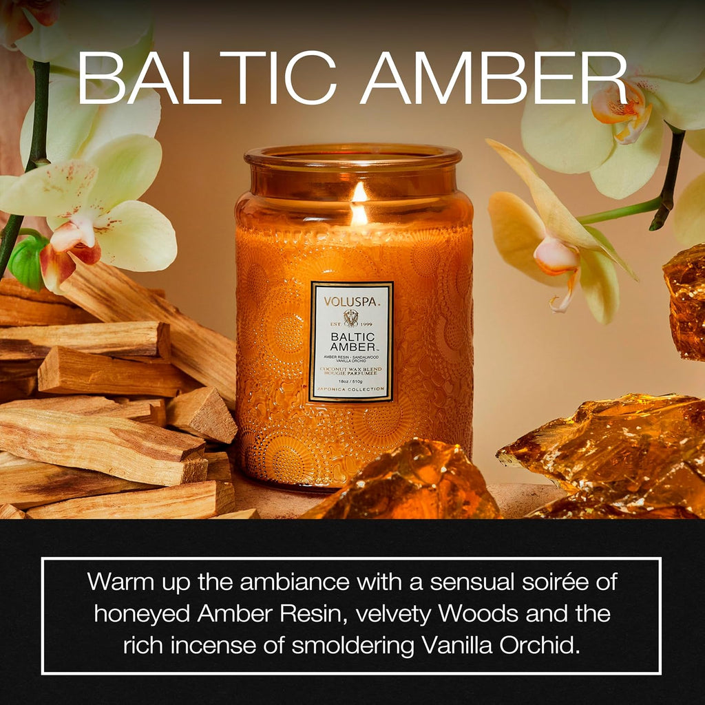 Voluspa Baltic Amber Candle, 18 oz, Coconut Wax Blend, Scented Candles for Home, 100 Hour Burn Time, Candle Jar