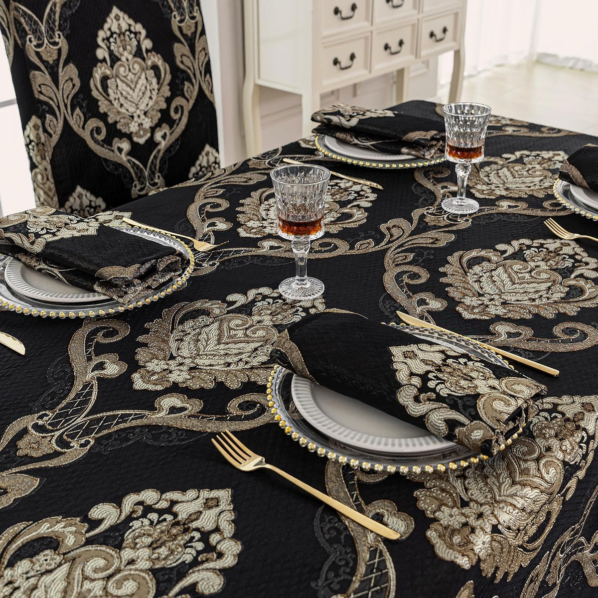 Loom and Mill Black Rectangle Tablecloth Jacquard Fabric 60 x 120 Inches